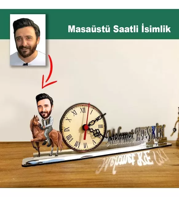 Karikatür Erkek At Binen Model Masaüstü Saatli İsimlik Msi36