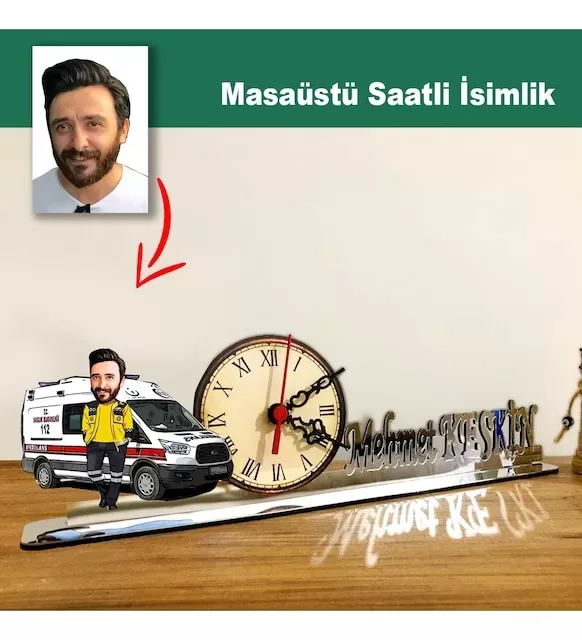 Karikatür Erkek Ambulans, Att Model Masaüstü Saatli İsimlik Msi43