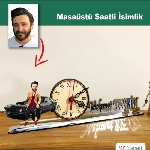 Karikatür Erkek Arabalı Model Masaüstü Saatli İsimlik Msi38