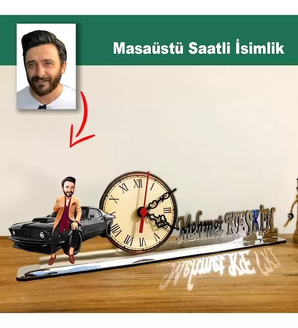 Karikatür Erkek Arabalı Model Masaüstü Saatli İsimlik Msi38