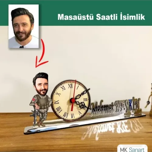 Karikatür Erkek Asker, Komutan Model Masaüstü Saatli İsimlik Msi67
