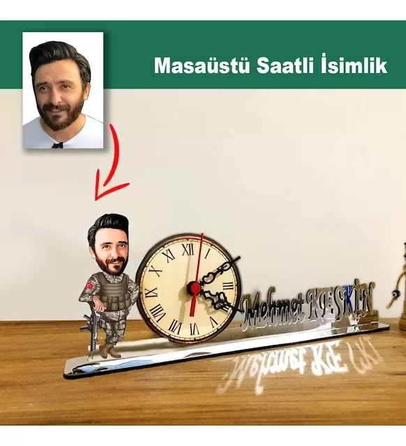Karikatür Erkek Asker, Komutan Model Masaüstü Saatli İsimlik Msi67