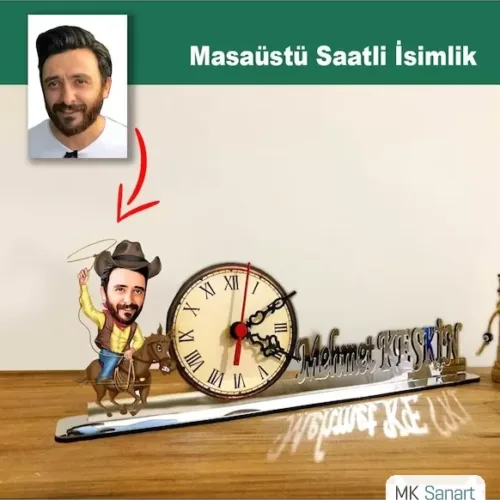 Karikatür Erkek At Binen, Kovboy Model Masaüstü Saatli İsiml…