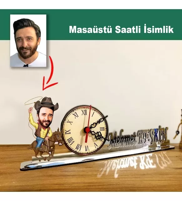 Karikatür Erkek At Binen, Kovboy Model Masaüstü Saatli İsimlik Msi22