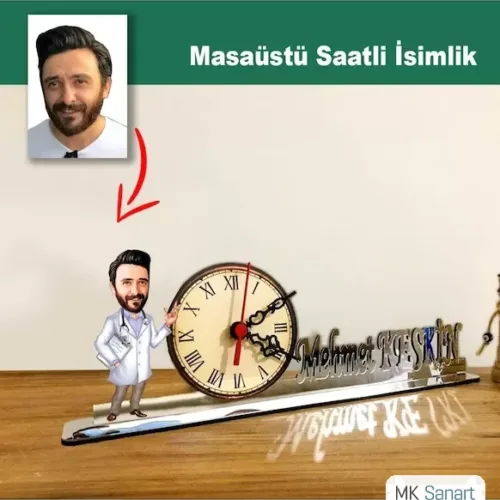 Karikatür Erkek Doktor Model Masaüstü Saatli İsimlik Msi42