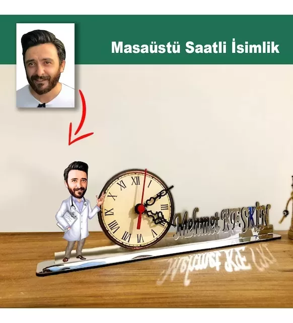 Karikatür Erkek Doktor Model Masaüstü Saatli İsimlik Msi42