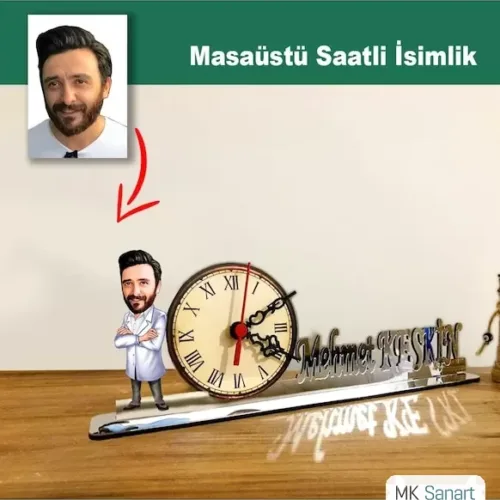 Karikatür Erkek Doktor Model Masaüstü Saatli İsimlik Msi48