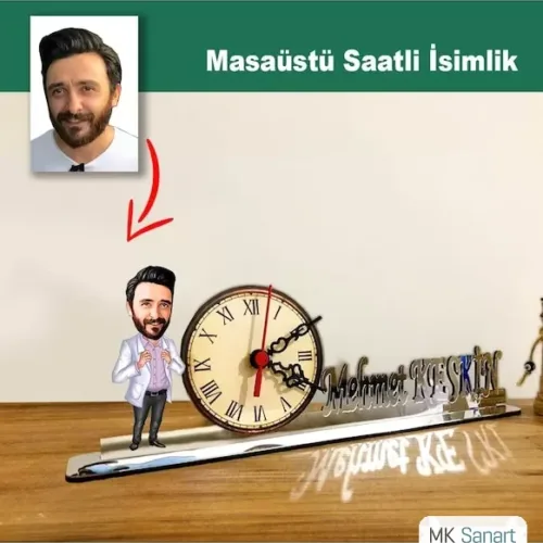 Karikatür Erkek Doktor Model Masaüstü Saatli İsimlik Msi50