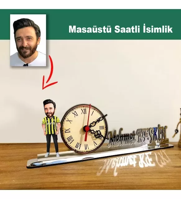 Karikatür Erkek Fenerbahçe Taraftar Tasarımlı Masaüstü Saatli İsimlik Msi54