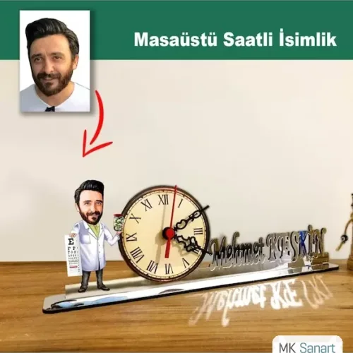 Karikatür Erkek Göz Doktoru Model Masaüstü Saatli İsimlik Msi51