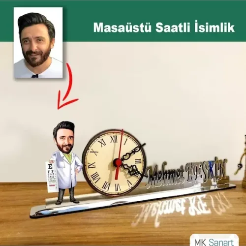 Karikatür Erkek Göz Doktoru Model Masaüstü Saatli İsimlik Msi53