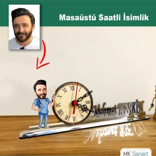 Karikatür Erkek Hemşire Model Masaüstü Saatli İsimlik Msi41