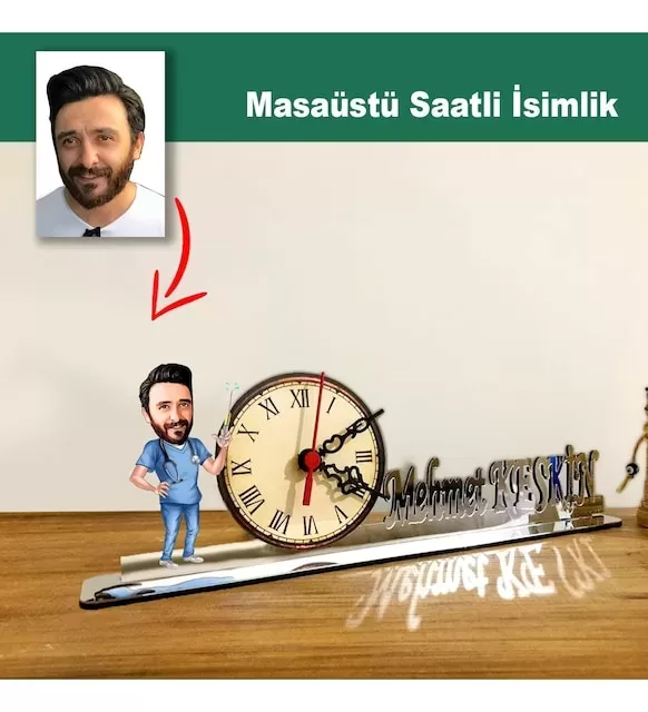 Karikatür Erkek Hemşire Model Masaüstü Saatli İsimlik Msi41