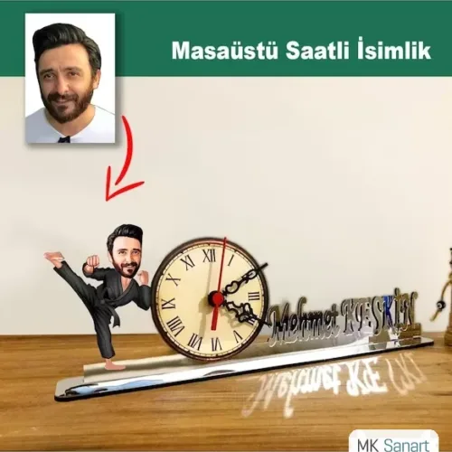 Karikatür Erkek Karate Hocası Model Masaüstü Saatli İsimlik Msi52