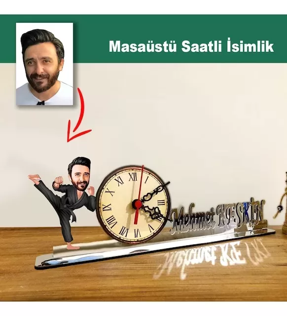 Karikatür Erkek Karate Hocası Model Masaüstü Saatli İsimlik Msi52