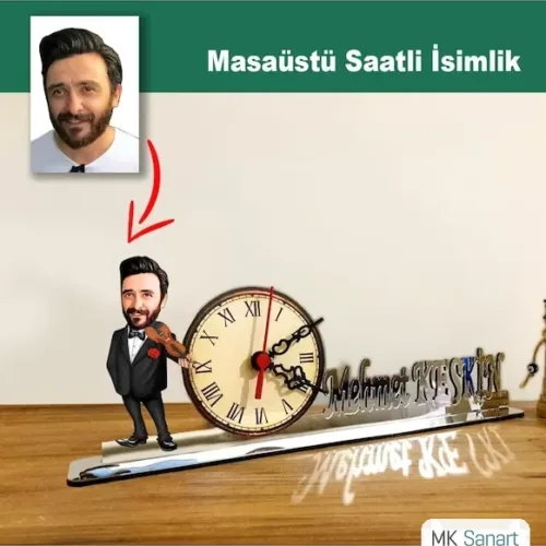 Karikatür Erkek Kemancı, Keman Çalan Model Masaüstü Saatli İsimlik Msi40