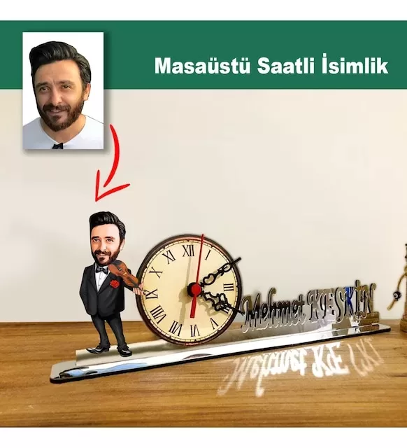 Karikatür Erkek Kemancı, Keman Çalan Model Masaüstü Saatli İsimlik Msi40