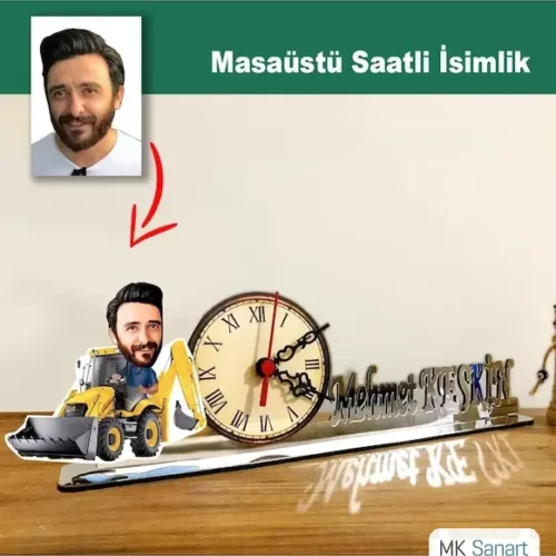 Karikatür Erkek Model Dozer, İş Makinesi Operatörü Masaüstü Saatli İsimlik Msi64
