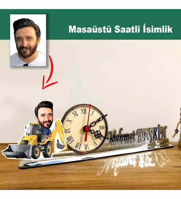 Karikatür Erkek Model Dozer, İş Makinesi Operatörü Masaüstü Saatli İsimlik Msi64