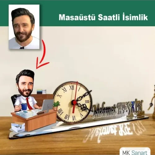 Karikatür Erkek Müdür Model Masaüstü Saatli İsimlik M3