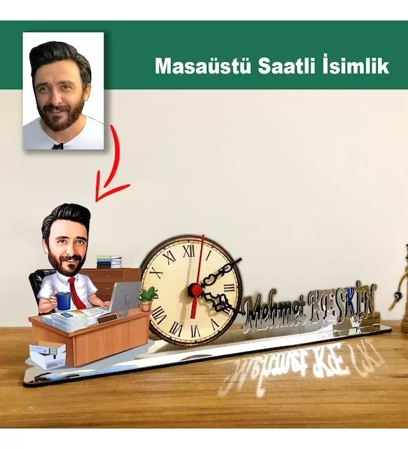 Karikatür Erkek Müdür Model Masaüstü Saatli İsimlik M3