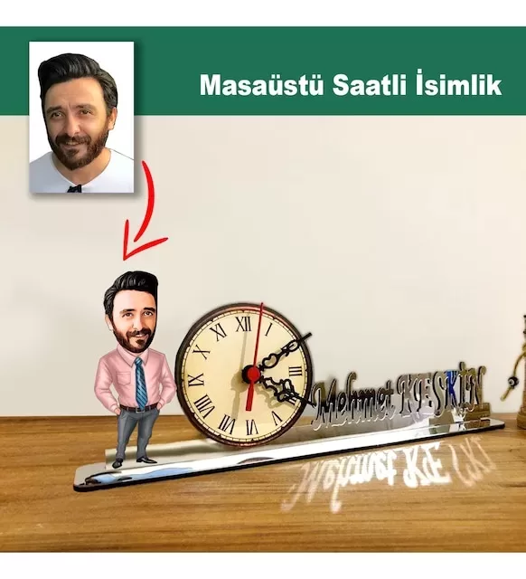 Karikatür Erkek Müdür Model Masaüstü Saatli İsimlik Msi21