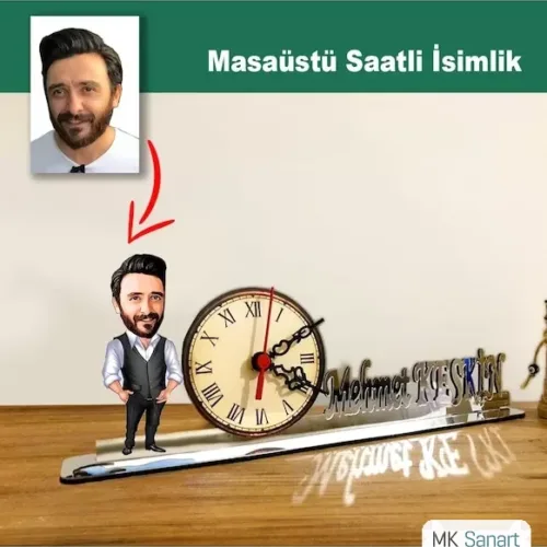 Karikatür Erkek Müdür Model Masaüstü Saatli İsimlik Msi23