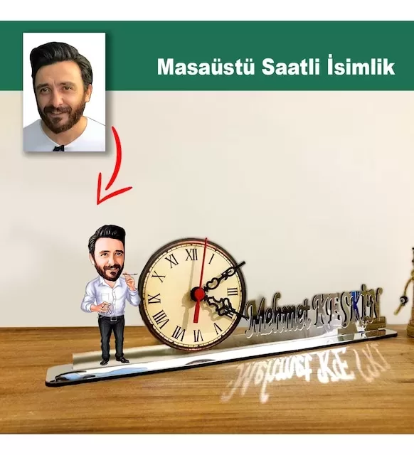 Karikatür Erkek Müdür Model Masaüstü Saatli İsimlik Msi24