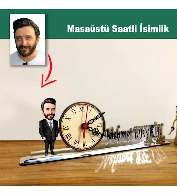 Karikatür Erkek Müdür Model Masaüstü Saatli İsimlik Msi29