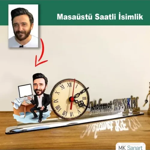 Karikatür Erkek Muhasebeci, Bilgisayarlı Model Masaüstü Saatli İsimlik Msi44