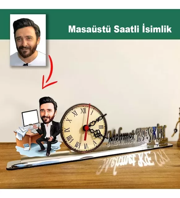 Karikatür Erkek Muhasebeci, Bilgisayarlı Model Masaüstü Saatli İsimlik Msi44