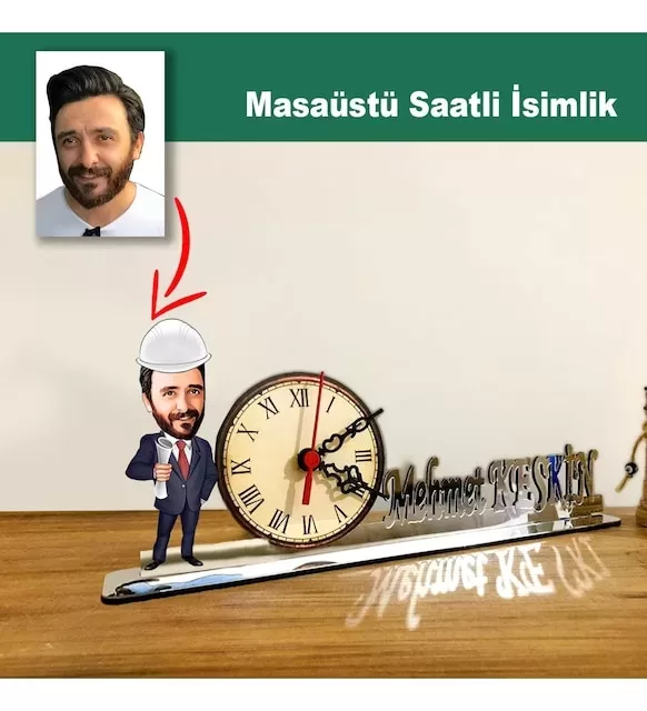 Karikatür Erkek Mühendis Model Masaüstü Saatli İsimlik Msi66