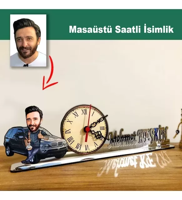 Karikatür Erkek Nargile, Galerici, Rent-Acar Model Masaüstü Saatli İsimlik M6