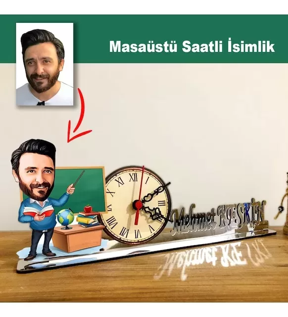 Karikatür Erkek Öğretmen Model Masaüstü Saatli İsimlik M1