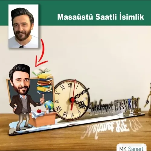 Karikatür Erkek Öğretmen Model Masaüstü Saatli İsimlik M2