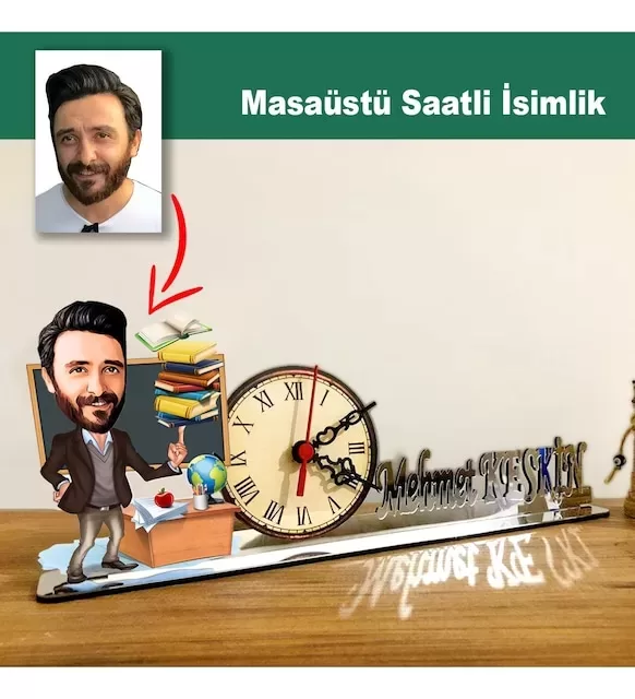 Karikatür Erkek Öğretmen Model Masaüstü Saatli İsimlik M2