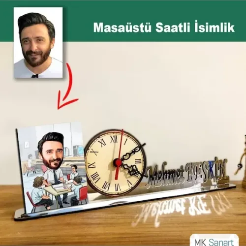 Karikatür Erkek Öğretmen Model Masaüstü Saatli İsimlik M4