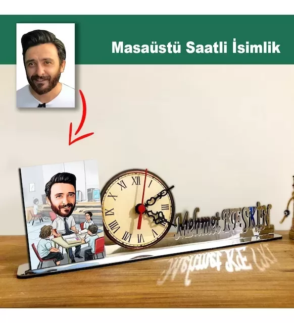 Karikatür Erkek Öğretmen Model Masaüstü Saatli İsimlik M4