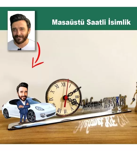 Karikatür Erkek Parton, Müdür, Galerici Model Masaüstü Saatli İsimlik M8