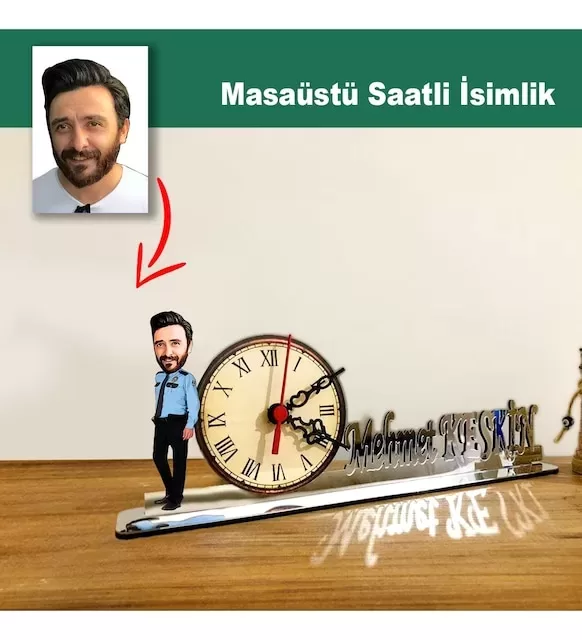 Karikatür Erkek Polis, Komiser Model Masaüstü Saatli İsimlik Msi28