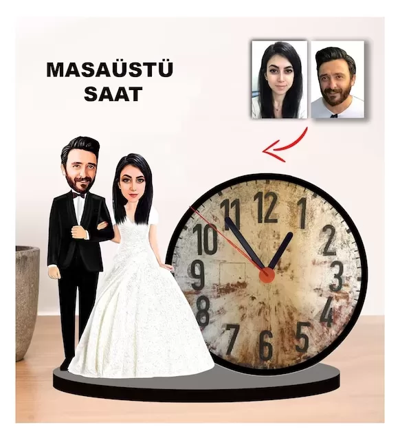 Karikatür Gelin Damat Masaüstü Saat 1
