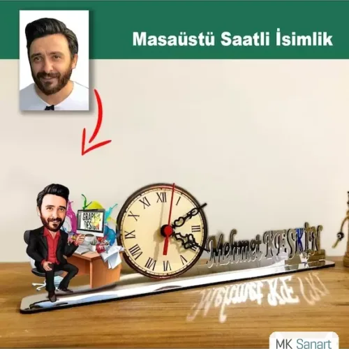 Karikatür Erkek Grafiker Model Masaüstü Saatli İsimlik M10