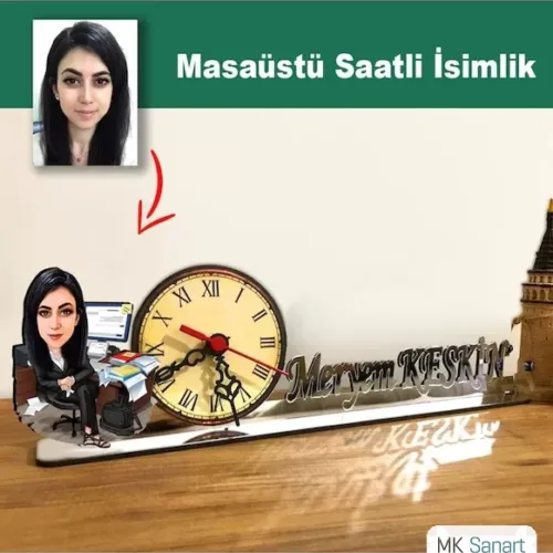 Karikatür Kadın Memur, Muhasebeci Model Masaüstü Saatli İsimlik Msi16