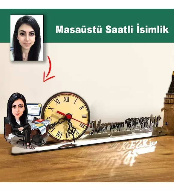 Karikatür Kadın Memur, Muhasebeci Model Masaüstü Saatli İsimlik Msi16