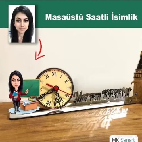 Karikatür Kadın Öğretmen Model Masaüstü Saatli İsimlik Msi12
