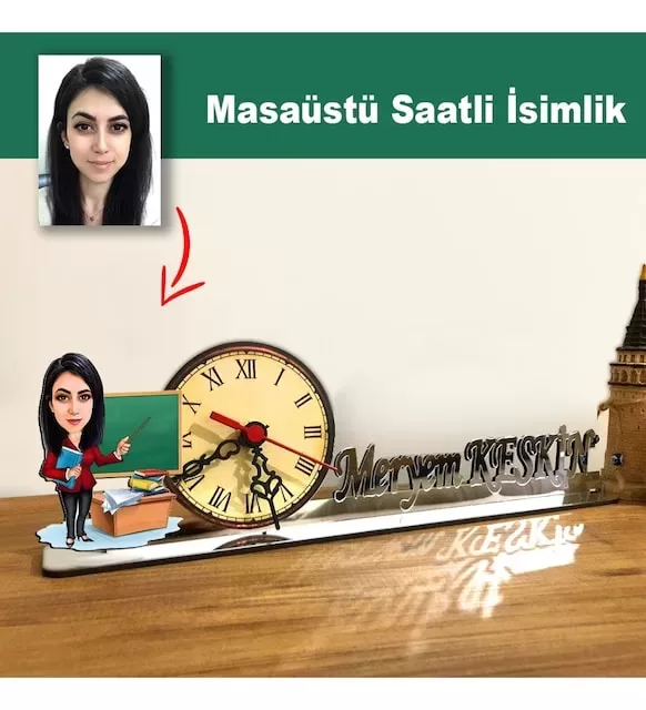 Karikatür Kadın Öğretmen Model Masaüstü Saatli İsimlik Msi12