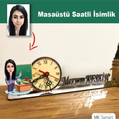 Karikatür Kadın Öğretmen Model Masaüstü Saatli İsimlik Msi13