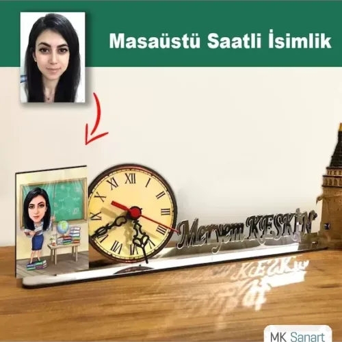 Karikatür Kadın Öğretmen Model Masaüstü Saatli İsimlik Msi14