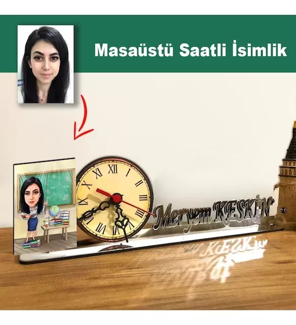 Karikatür Kadın Öğretmen Model Masaüstü Saatli İsimlik Msi14