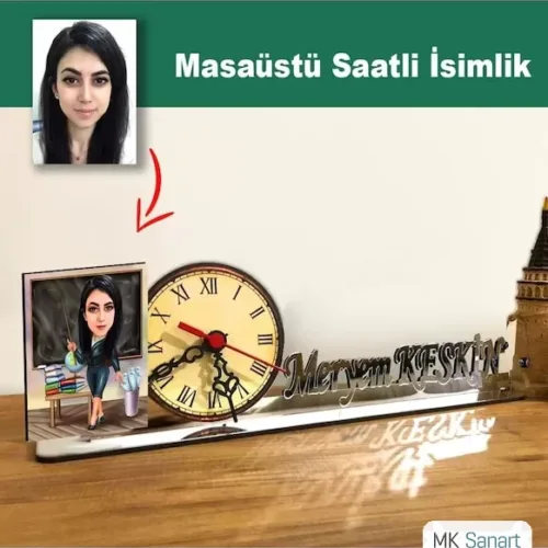 Karikatür Kadın Öğretmen Model Masaüstü Saatli İsimlik Msi15